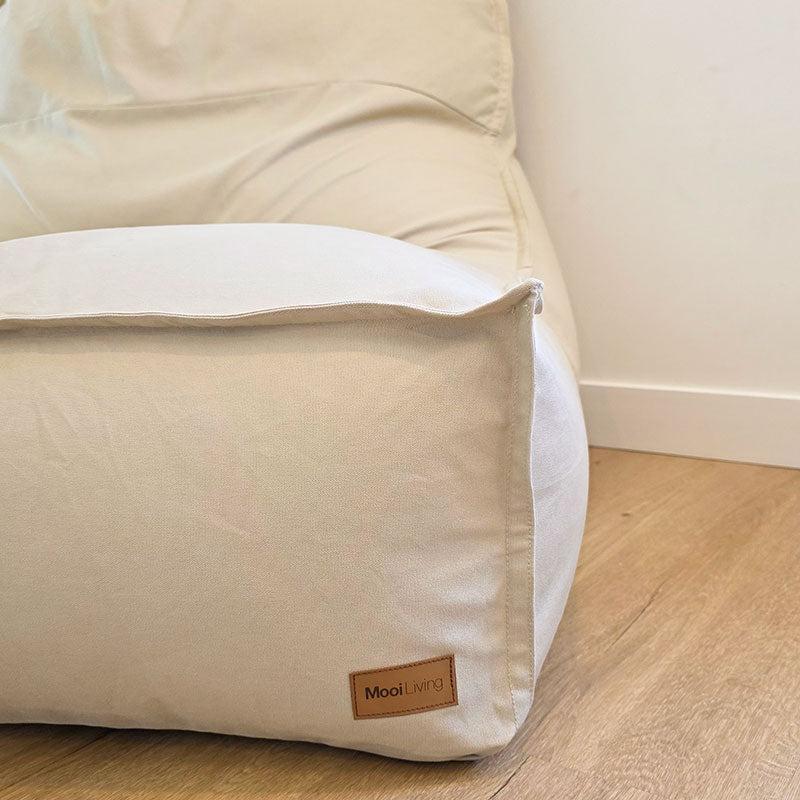 Close up image of the Single Boss Bean Bag, showcasing the 100% cotton canvas fabric and Mooi Living Logo.