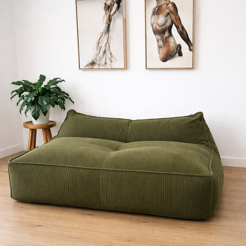 Olive Green Mooi Double Seater Corduroy Bean Bag Lounger by Mooi Living styled in a modern living room.