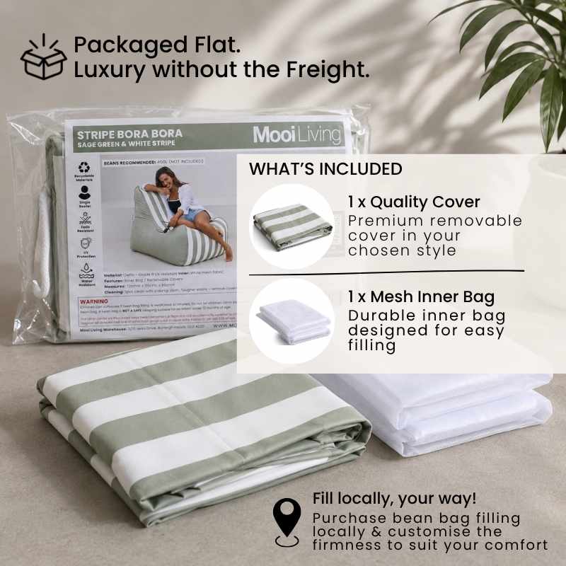 Folded Outdoor Stripe bora bora bean bag cover in Sage green and white stripe and inner bag in a Mooi Living packaging.