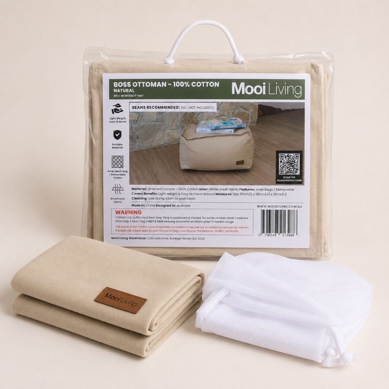 Folded Cotton Boss Ottoman cover in Natural and inner bag in Mooi Living packaging.