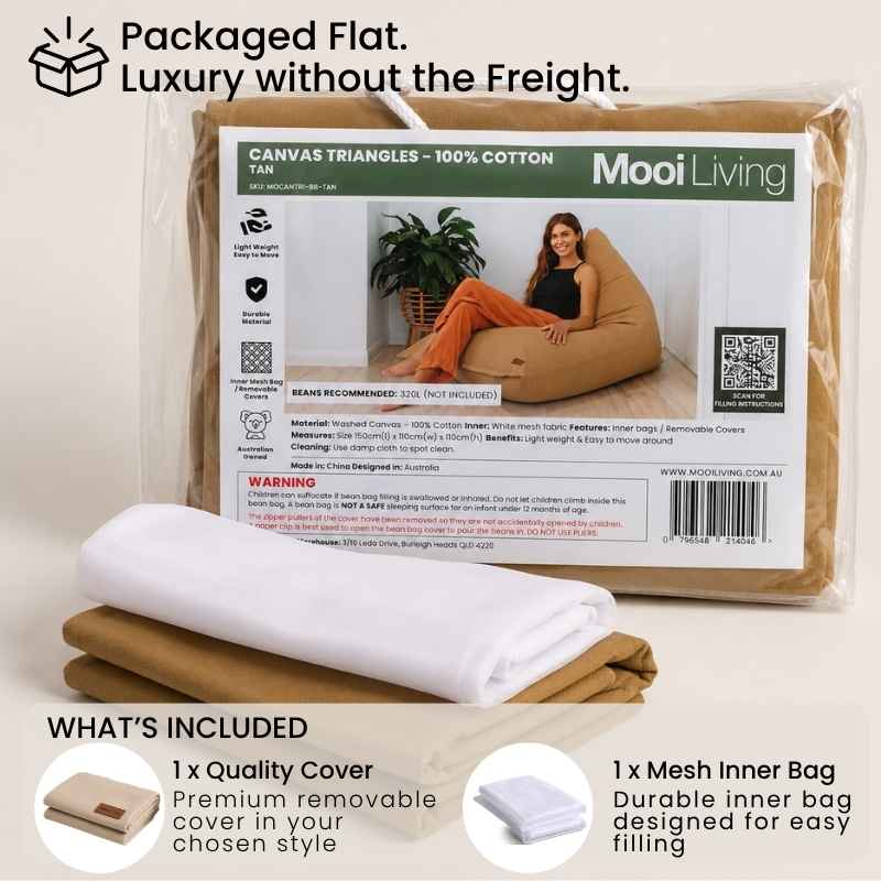 Folded Cotton Canvas Triangle bean bag cover in Tan and inner bag in a Mooi Living packaging.