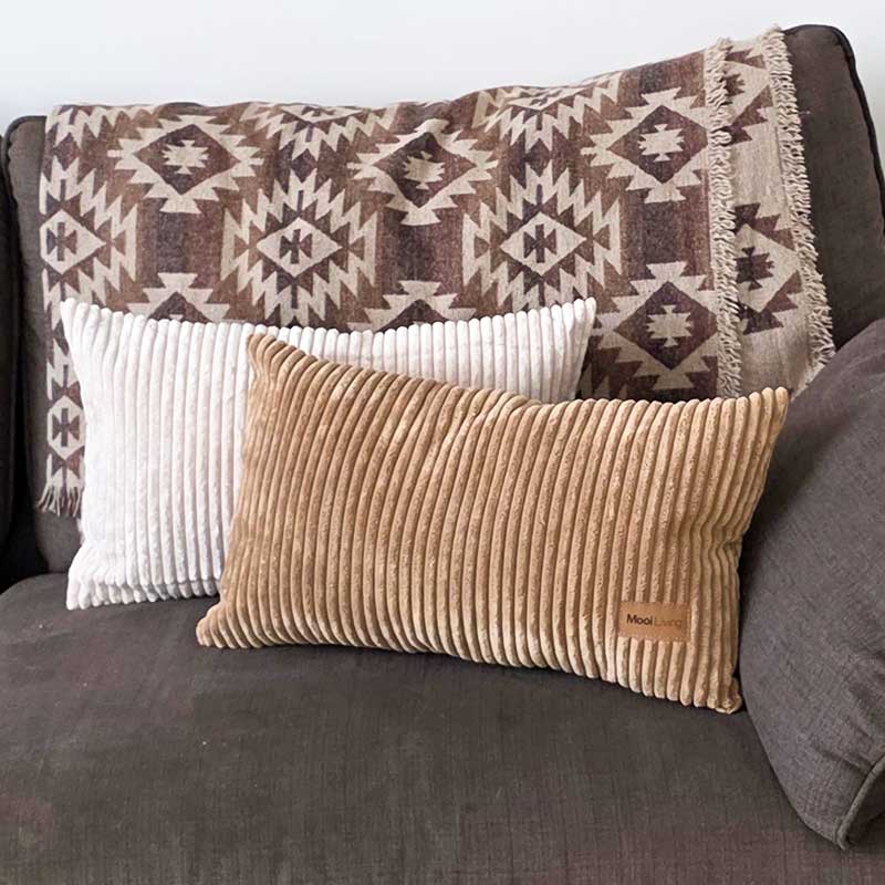 Beige and Caramel corduroy cushions indoor Bean Bag by Mooi Living. with a Mooi Living brand label. These cushions are a perfect match to our Cord Chair, Double Cord Lounger, and Corduroy Cloud.