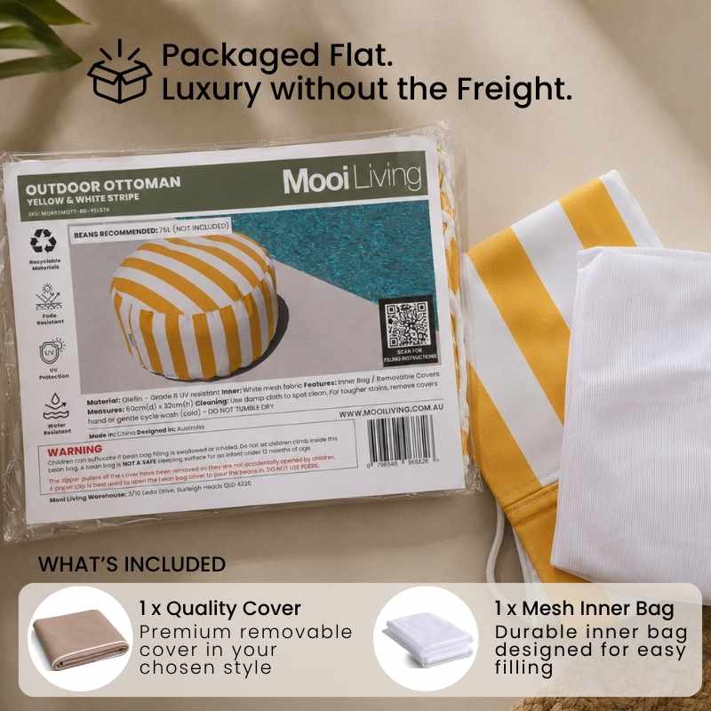 Folded Outdoor Ottoman bean bag cover in Yellow and white Stripe and inner bag in a Mooi Living packaging.