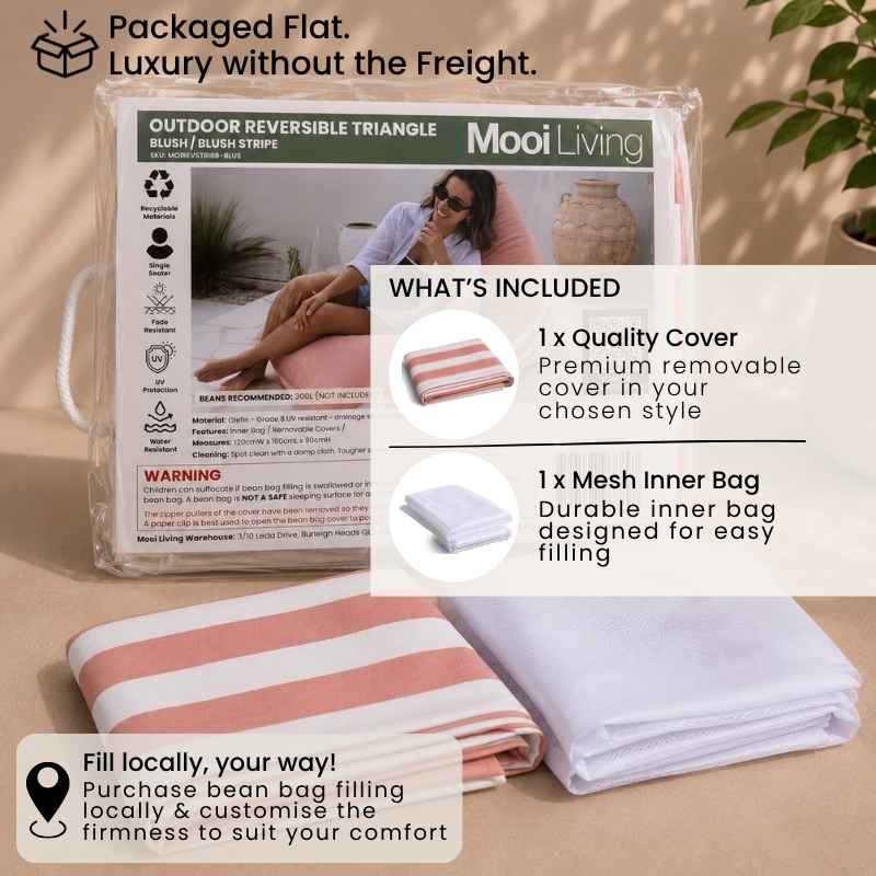 Folded Outdoor reversible triangle bean bag cover in Blush/ blush stripe and inner bag in a Mooi Living packaging.