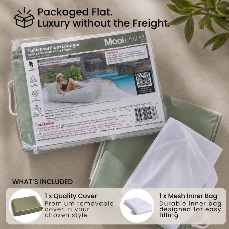 Folded Talia Pool Float bean bag cover in sage green and inner bag in a Mooi Living packaging.