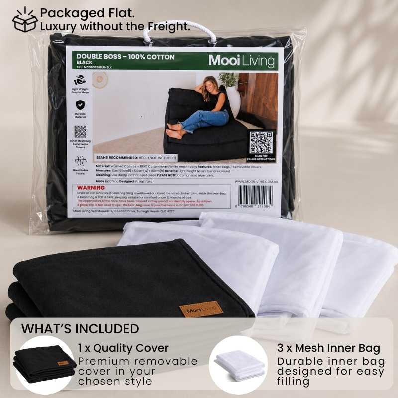 Folded Cotton Double Boss cover in Black and inner bags in a Mooi Living packaging.