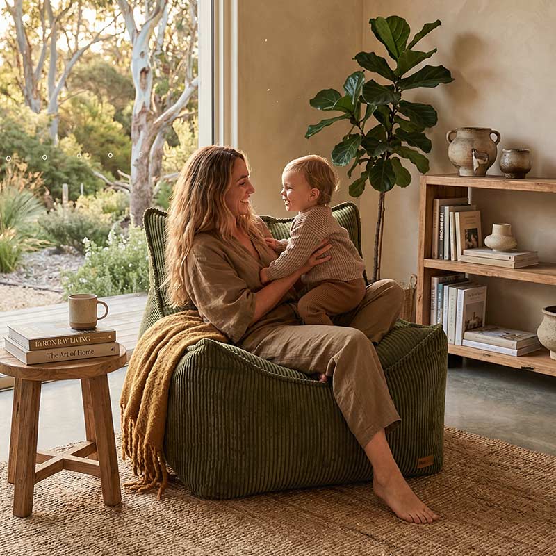 Woman holding a child on a Cord Chair Indoor Bean Bag by Mooi Living in Olive Green in a cozy living room.