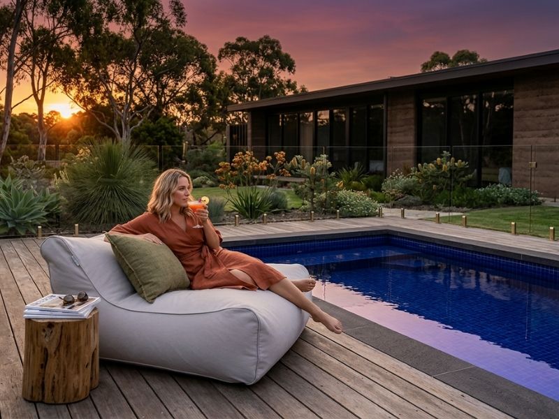 Bean Bag Bliss - lady sitting on a Chill UV Lounger enjoying a sunset cocktail.