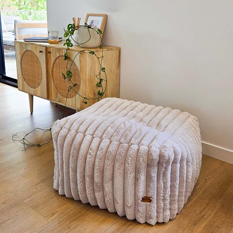 Callie Ottoman in Corduroy Faux Fur indoor Bean Bag by Mooi Living. on timber flooring in a modern living room. Perfect match to Callie Armchair and Booklyn Luxe.