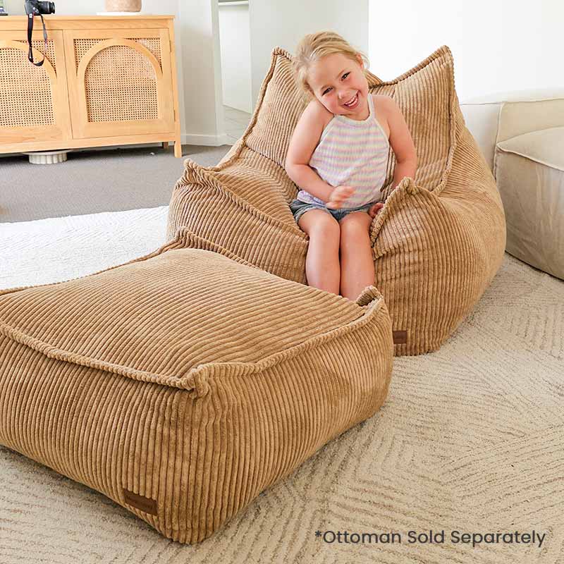 Mini Mooi Cord Bean Bag Chair and Ottoman indoor bean bag by Mooi Living– soft, kid-sized corduroy set for cozy indoor lounging