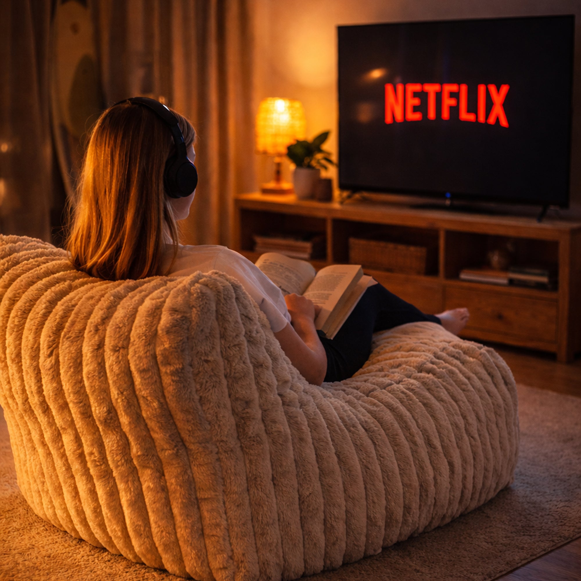 Brooklyn Luxe Lounger Foam Filled Bean Bag in Corduroy Faux Fur by Mooi Living in a media room at night, teenage girl sitting and watching TV with headphones.