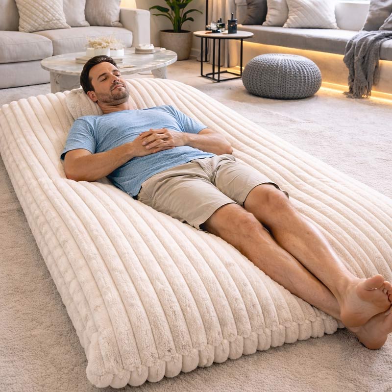 Tall man napping on champagne The Cloud Bean Bag indoor bean bag by Mooi Living in a light-filled lounge room