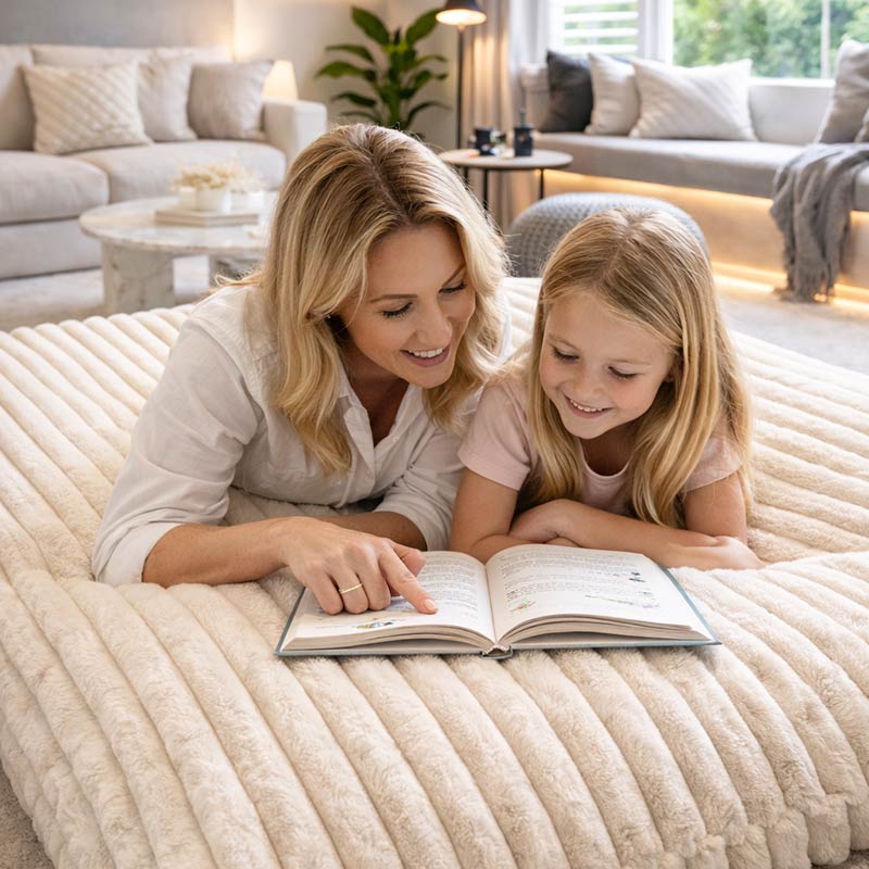 Mother and daughter lying on champagne Cloud Bean Bag indoor bean bag by Mooi Living, reading together