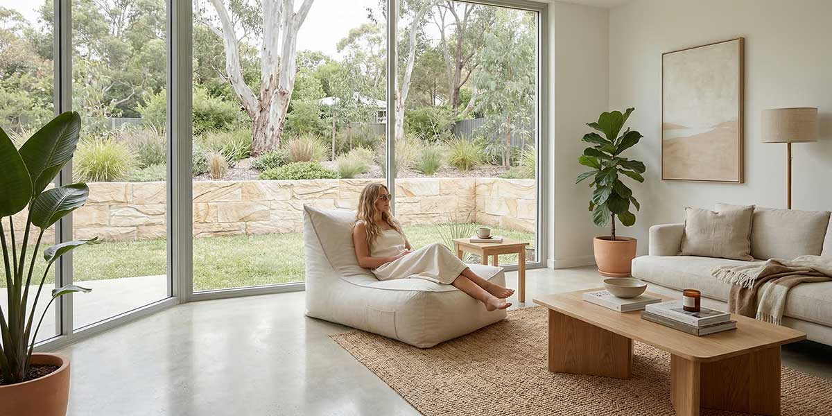 Lifestyle Image - Modern Australian living room with neutral tones, large windows and soft furnishings, Lachlan Lounger outdoor bean bag by Mooi Living styled indoors near a window, relaxed natural light, calm lifestyle setting, photorealistic interior photography.