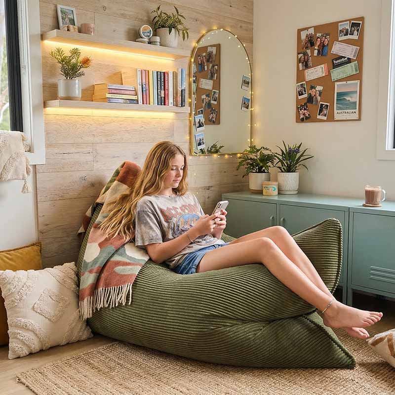 Corduroy Cloud in Olive Green indoor bean bag by Mooi Living. A versatile corduroy bean bag designed for modern living - use it flat, upright, or hammock-style for effortless comfort in every corner of your home.