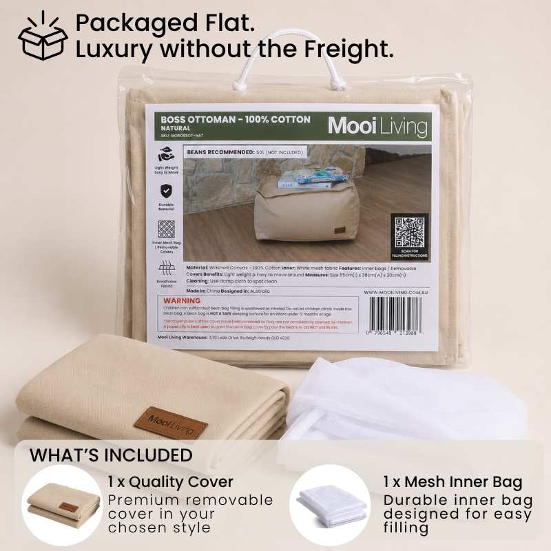 Folded Cotton Boss Ottoman cover in Natural and inner bag in a Mooi Living packaging.
