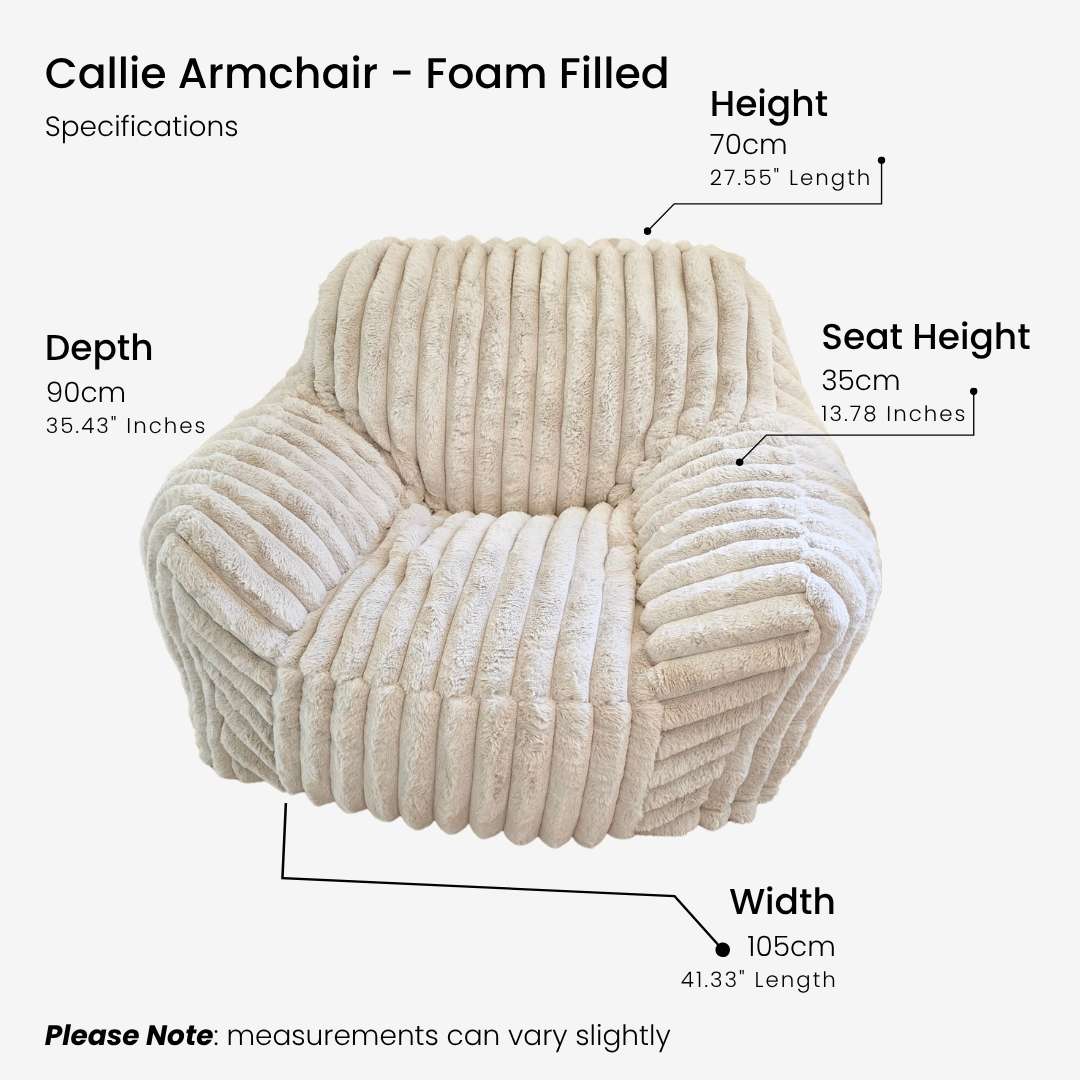 Callie Armchair Foam Filled Bean Bag Specifications - Width 105cm | Depth 90cm | Height 70cm and seat height 35cm.