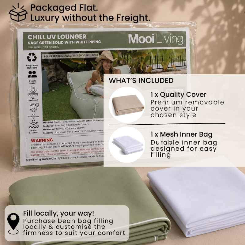 Folded Chill uv lounger bean bag cover in Sage green solid with white piping and inner bag in a Mooi Living packaging.