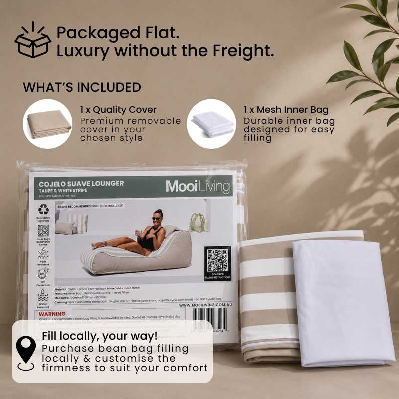 Folded Cojelo suave lounger bean bag cover in Taupe and white stripe  and inner bag in a Mooi Living packaging.