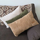 Olive Green, Beige, and Caramel corduroy cushions by Mooi Living with a Mooi Living brand label. These cushions are a perfect match to our Cord Chair, Double Cord Lounger, and Corduroy Cloud.