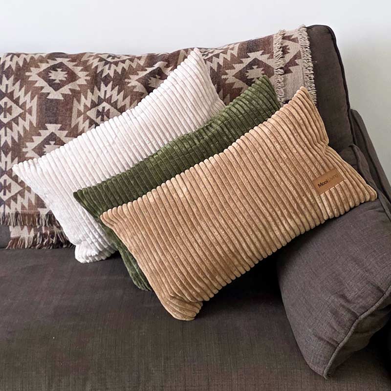 Olive Green, Beige, and Caramel corduroy cushions indoor Bean Bag by Mooi Living, with a Mooi Living brand label. These cushions are a perfect match to our Cord Chair, Double Cord Lounger, and Corduroy Cloud.