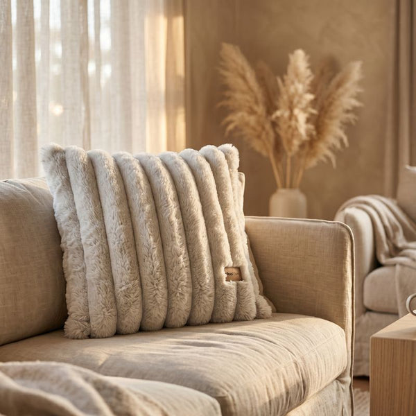 Cream corduroy faux fur cushion indoor Bean Bag by Mooi Living, with a Mooi Living brand label. This cushion is a perfect match to our Callie Armchair, Brooklyn Cord Chair, and Cloud Lounge Mat.