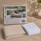 Folded Outdoor Sunlounger bean bag cover in Natural  and inner bag in a Mooi Living packaging.