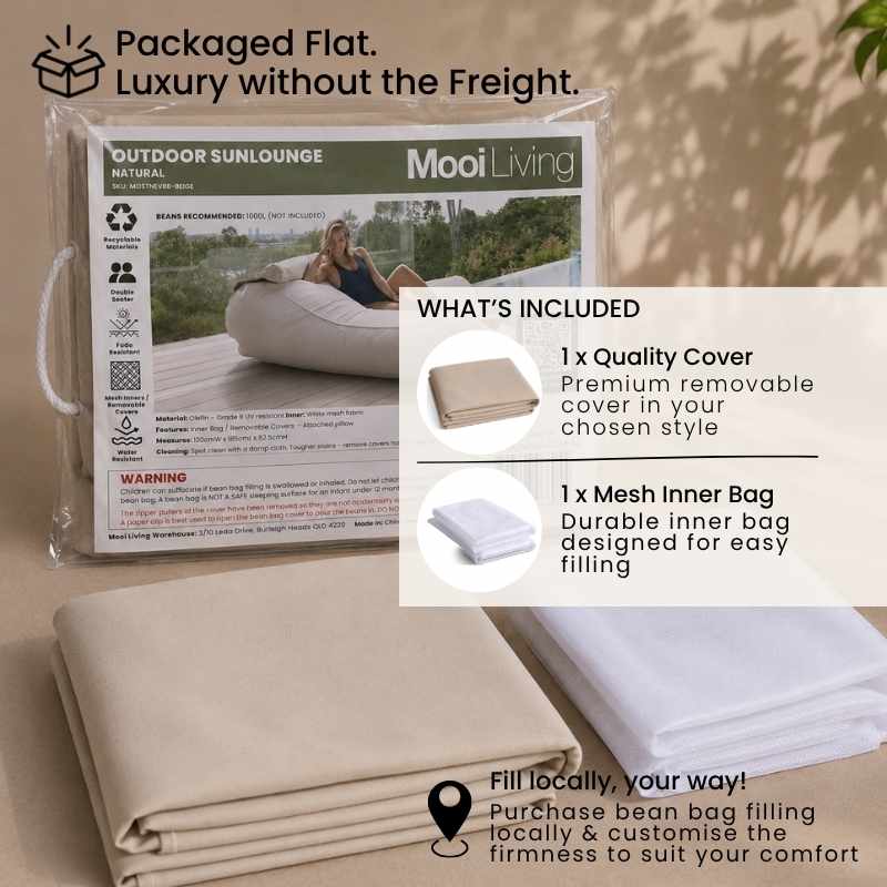 Folded Outdoor Sunlounger bean bag cover in Natural  and inner bag in a Mooi Living packaging.