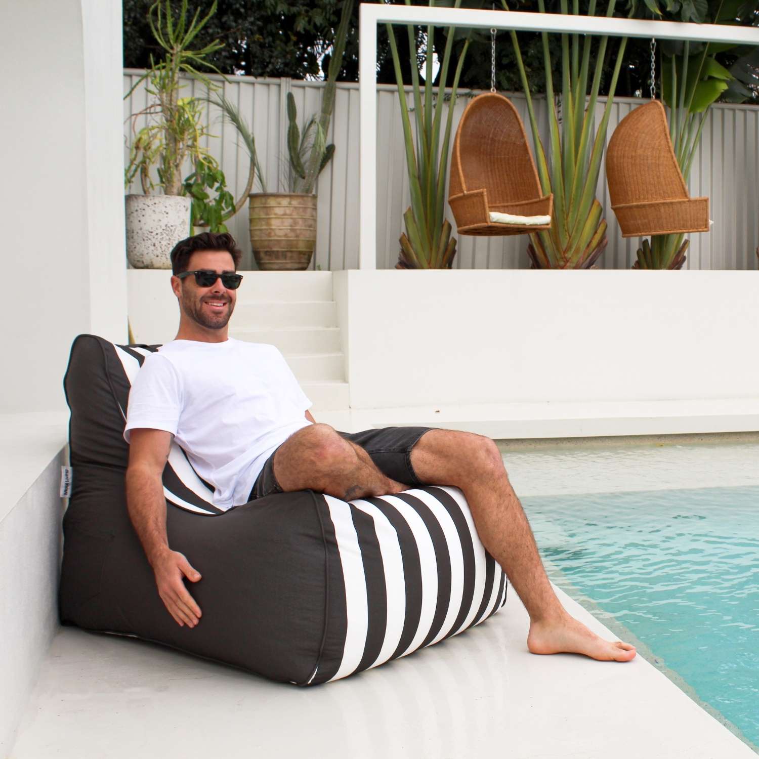 Oyster Black Stripe Bora Bora Bean Bag Chair for Outdoors & Poolside, by Mooi Living, MOBORABB-STRI-OYSBLA
