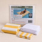 Folded Santorini Pool Float bean bag cover in Yellow Stripe and inner bag in a Mooi Living packaging.