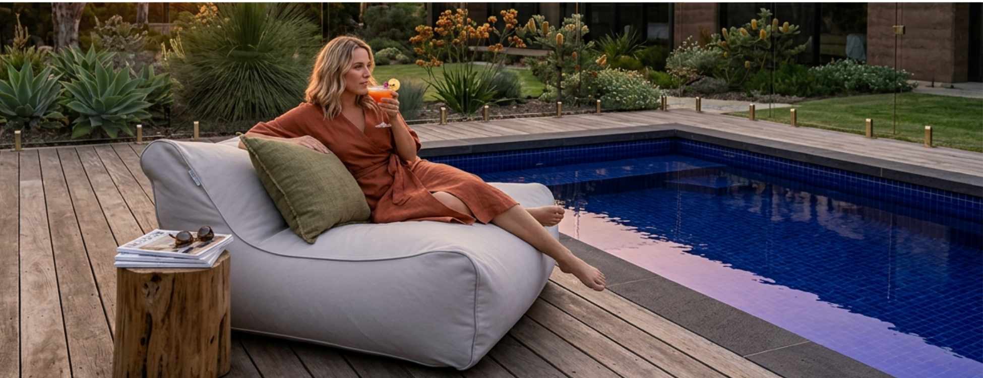 Woman relaxing on a Chill Lounger UV outdoor bean bag by Mooi Living poolside