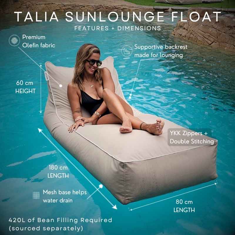 A woman reclines on a Talia Float on blue pool water, with overlaid dimension labels showing 60 cm height, 180 cm length, and 80 cm width, plus text about premium Olefin fabric, mesh base, and YKK zippers.