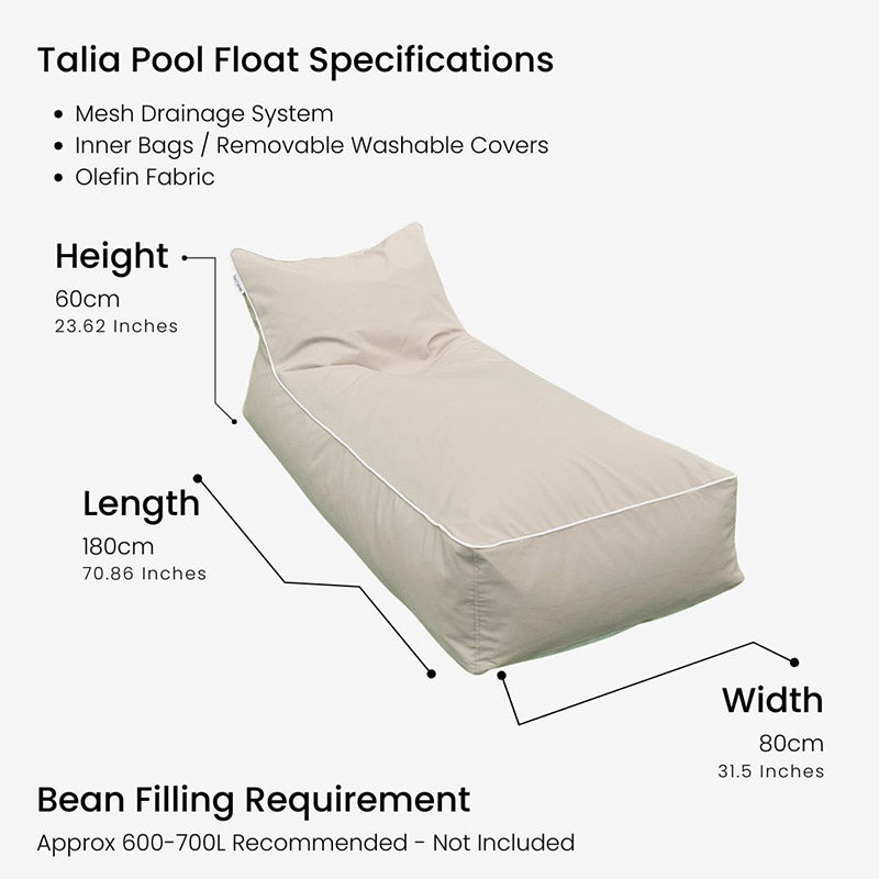 Product Specification for our Talia Pool Float Lounger - Width: 80 cm - Length: 180 cm - Height: 60cm