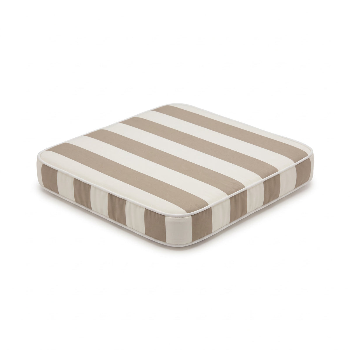 A square outdoor chair pad cushion with taupe and owhite horizontal stripes, shown at an angle on a white background by Mooi Living, MOO-STR-TAU-CHPAD