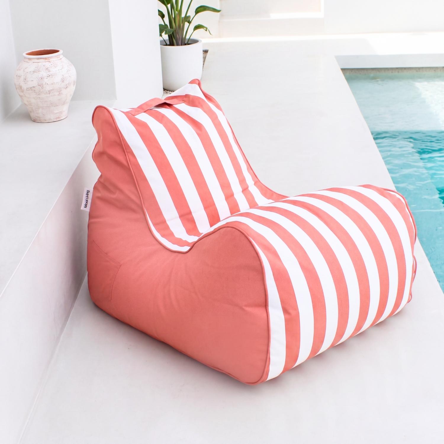 outdoor blush bora bora bean bag chair in blush and white stripe, poolside, MOBORABB-STRI-BLU