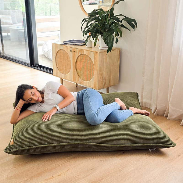 Corduroy Cloud in Olive Green.  indoor bean bag by Mooi Living A versatile corduroy bean bag designed for modern living - use it flat, upright, or hammock-style for effortless comfort in every corner of your home.
