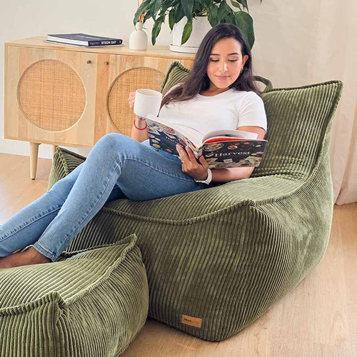 Mooi Cord Chair indoor bean bag by Mooi Living  in Olive Green. Luxuriously soft ribbed corduroy with structured support, perfect for stylish indoor lounging.