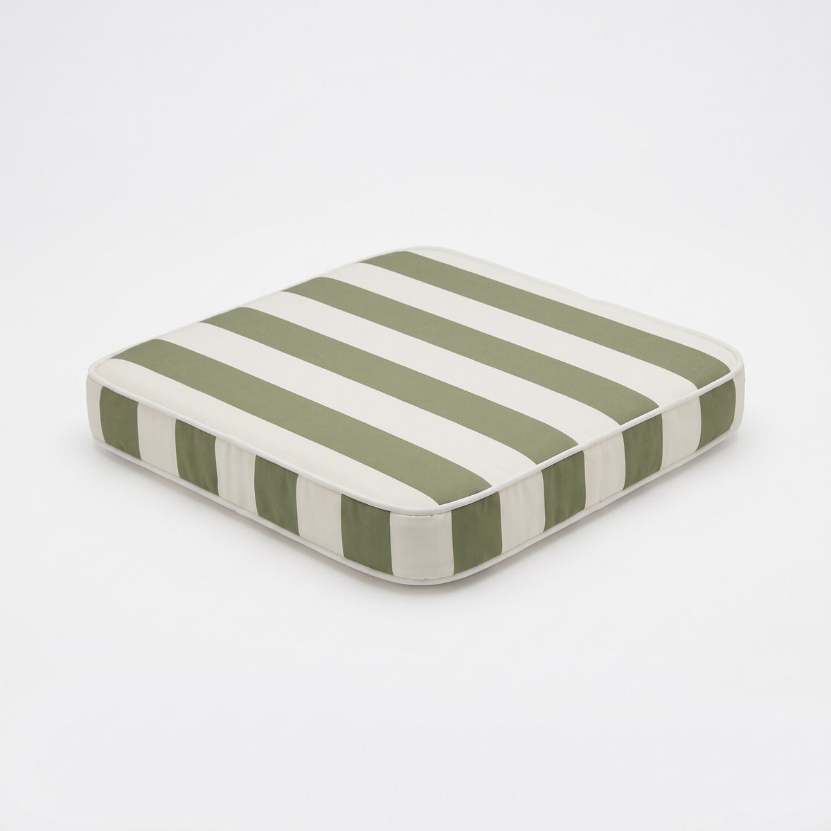A square outdoor Cushion chair pad stripes of sage green and white, shown at an angle on a white background by Mooi Living, MOO-STR-GRN-CHPAD