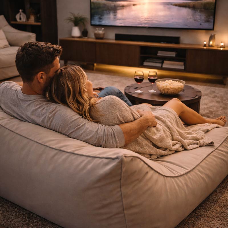 Lifestyle Image of the Natural Beige Lana Lounger of a couple watching TV together in a cozy living room with popcorn and wine.