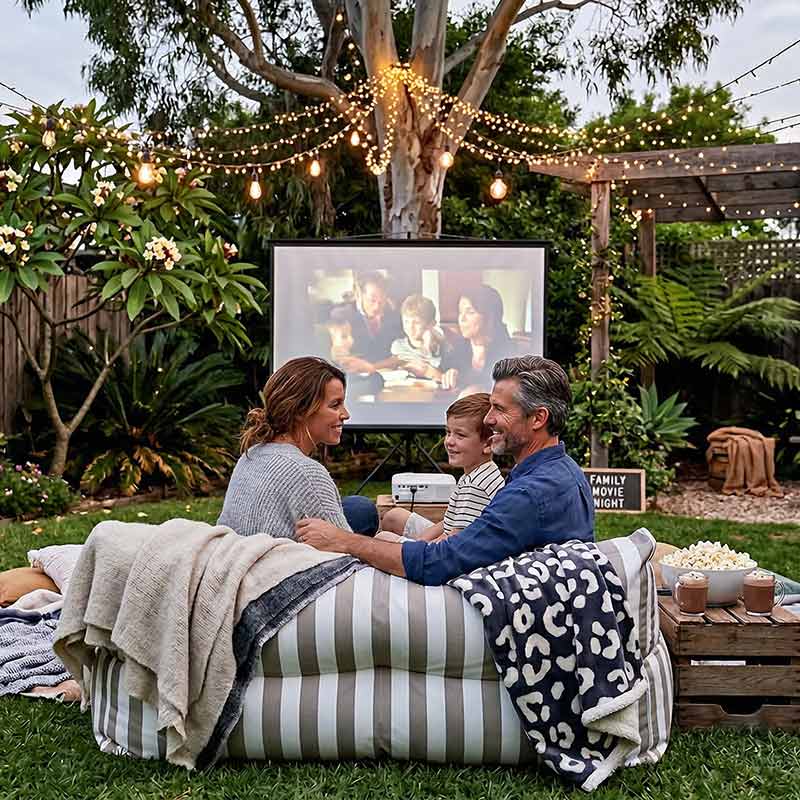 Lifestyle pic - Australian backyard outdoor cinema setup with projector screen, fairy lights and blankets,Taupe Stripe  Lana double seater outdoor bean bag lounger by Mooi Living placed on grass facing the screen, cozy evening atmosphere, soft ambient lighting, relaxed family movie night.