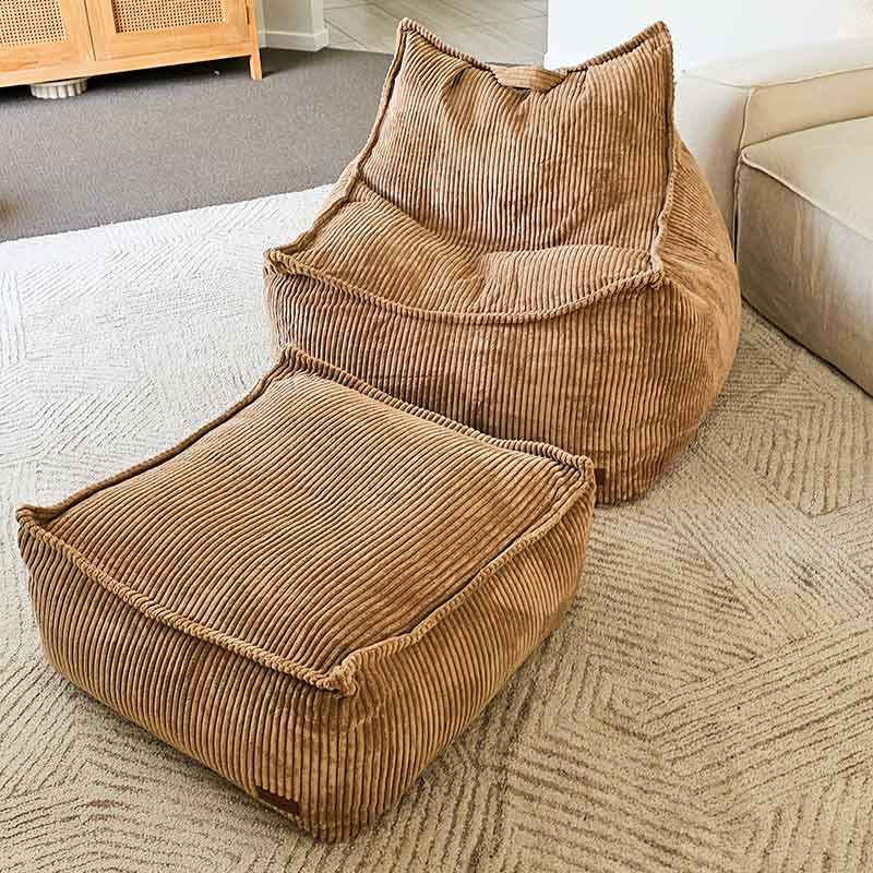 Caramel Mooi Cord Bean Bag Chair and coordinating ottoman indoor bean bag by Mooi Living in textured corduroy fabric.