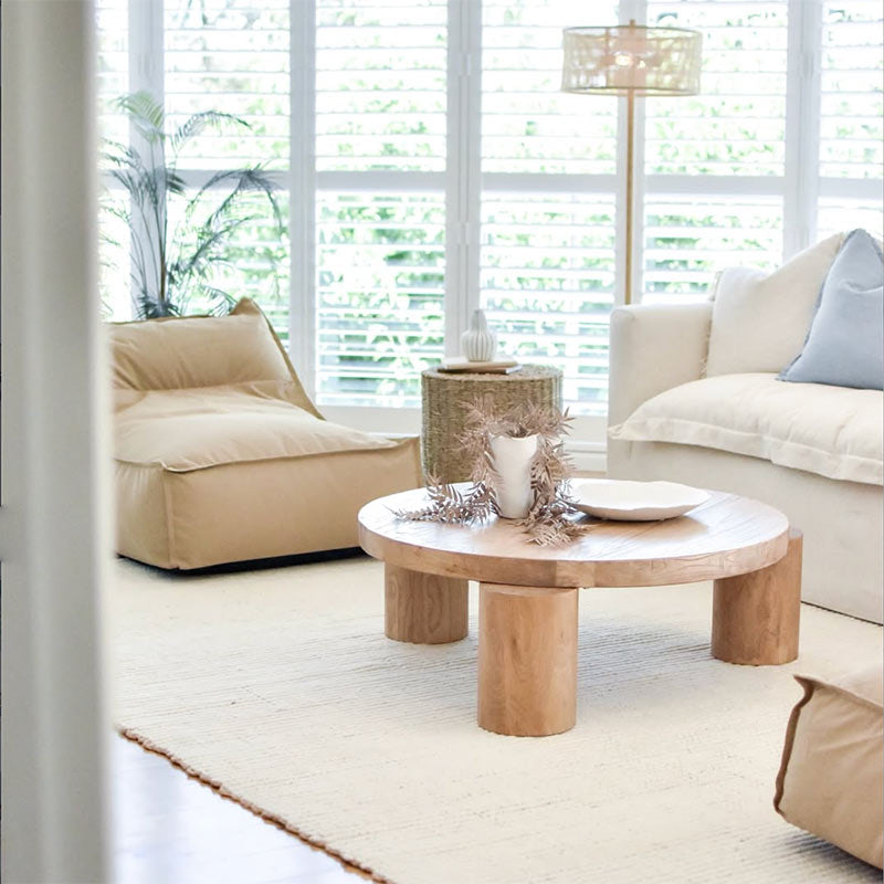 Tan Single Boss Bean Bag by Mooi Living in a styled living room with sofa and timber coffee table, customer photo by @morc.interiors.