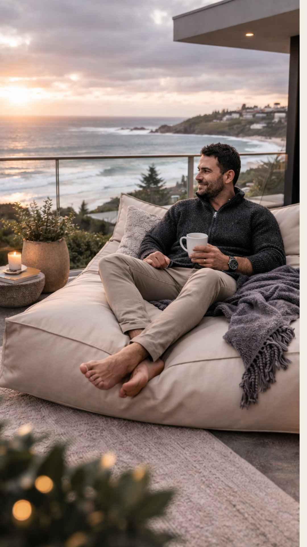 Lifestyle image of the Lana Lounger with a man relaxing on the bean bag placed in a porch with a scenic view of the ocean at sunset.