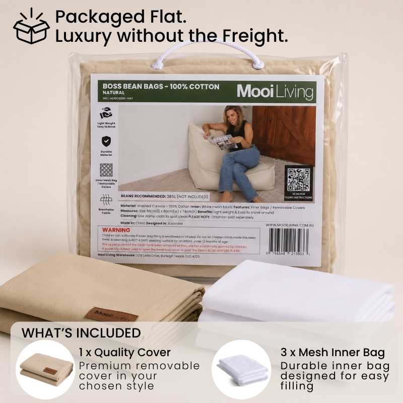 Folded Cotton Boss Bean Bag Chair cover in Natural and inner bags in a Mooi Living packaging.