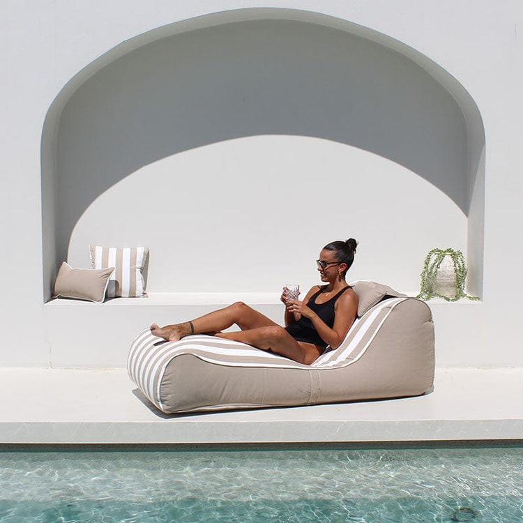 The Perfect Outdoor Bean Bag Lounger  outdoor Bean Bag by Mooi Living - Cojelo Suave Sunlounge in Taupe Stripe